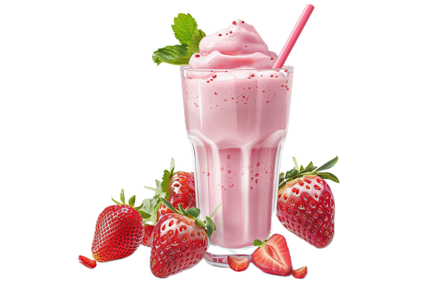 Creamy strawberry milkshake in glass with mint. png
