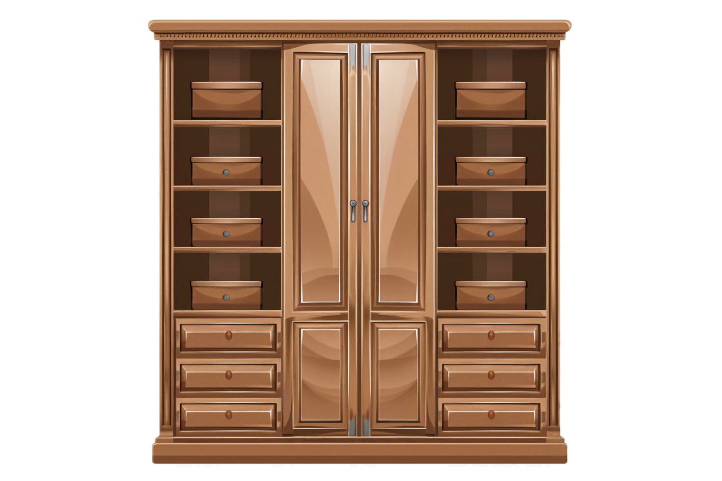 Classic wood wardrobe with open shelves and hanging space. png