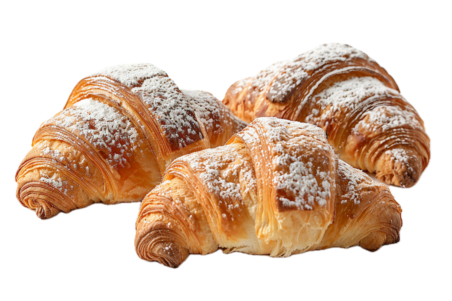 Golden croissants topped with powdered sugar. png