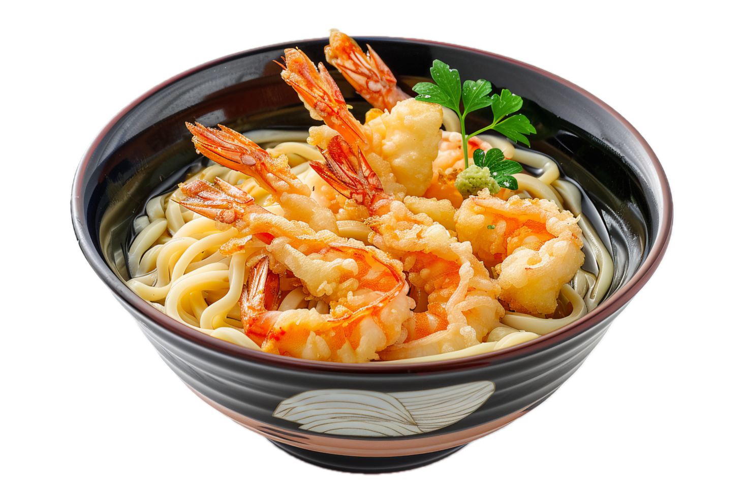 Shrimp Tempura Udon Noodle Bowl with Garnish. png