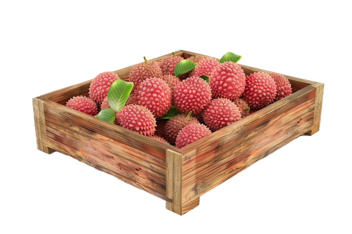 Fresh lychees in rustic wooden crate. png