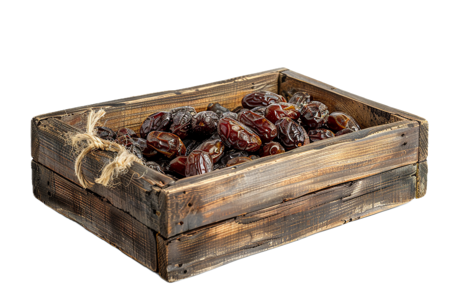 Ripe dates stacked in wooden crate. png