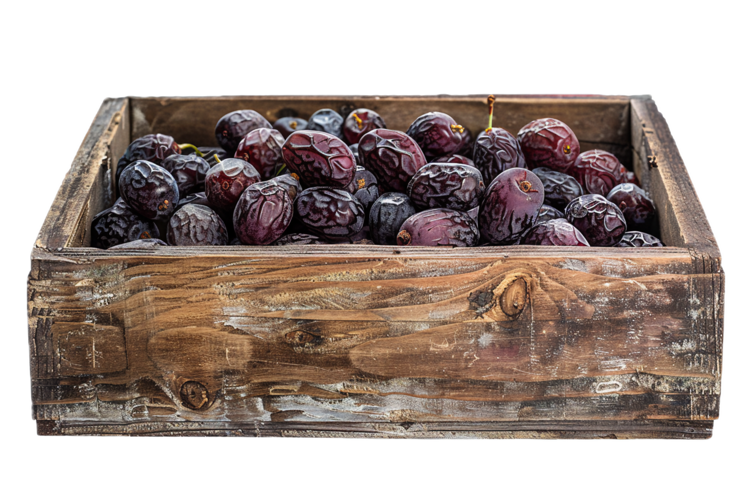 Sweet dates in wooden storage box. png