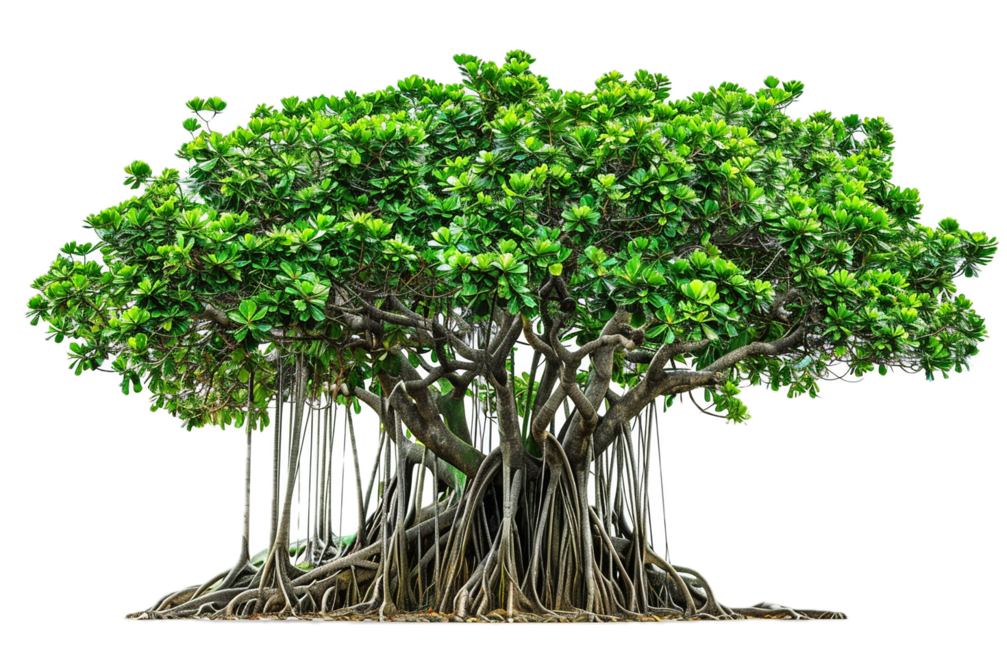 Large Banyan Tree with Aerial Roots and Lush Foliage. png