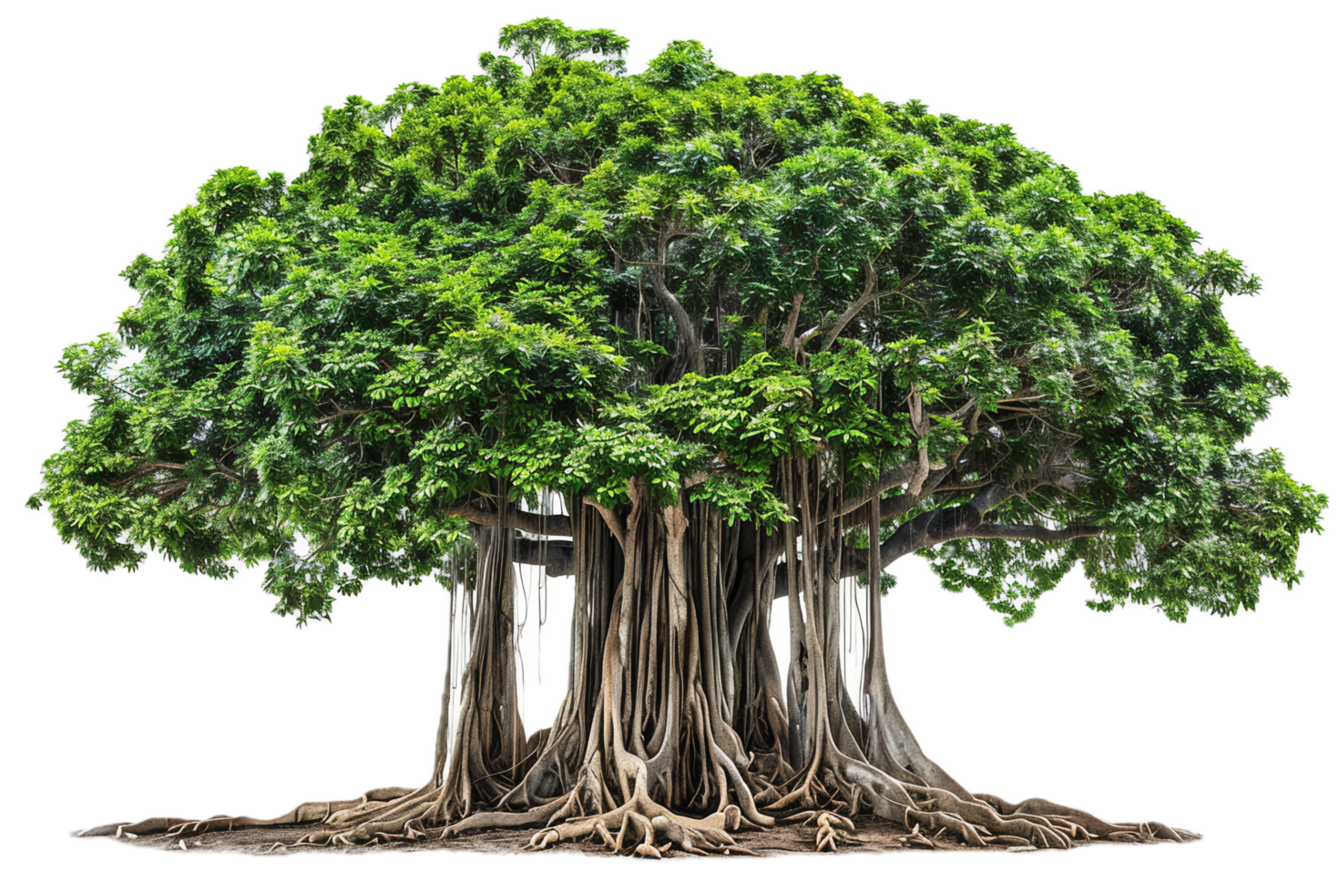 Banyan Tree with Extensive Root System and Green Leaves. png