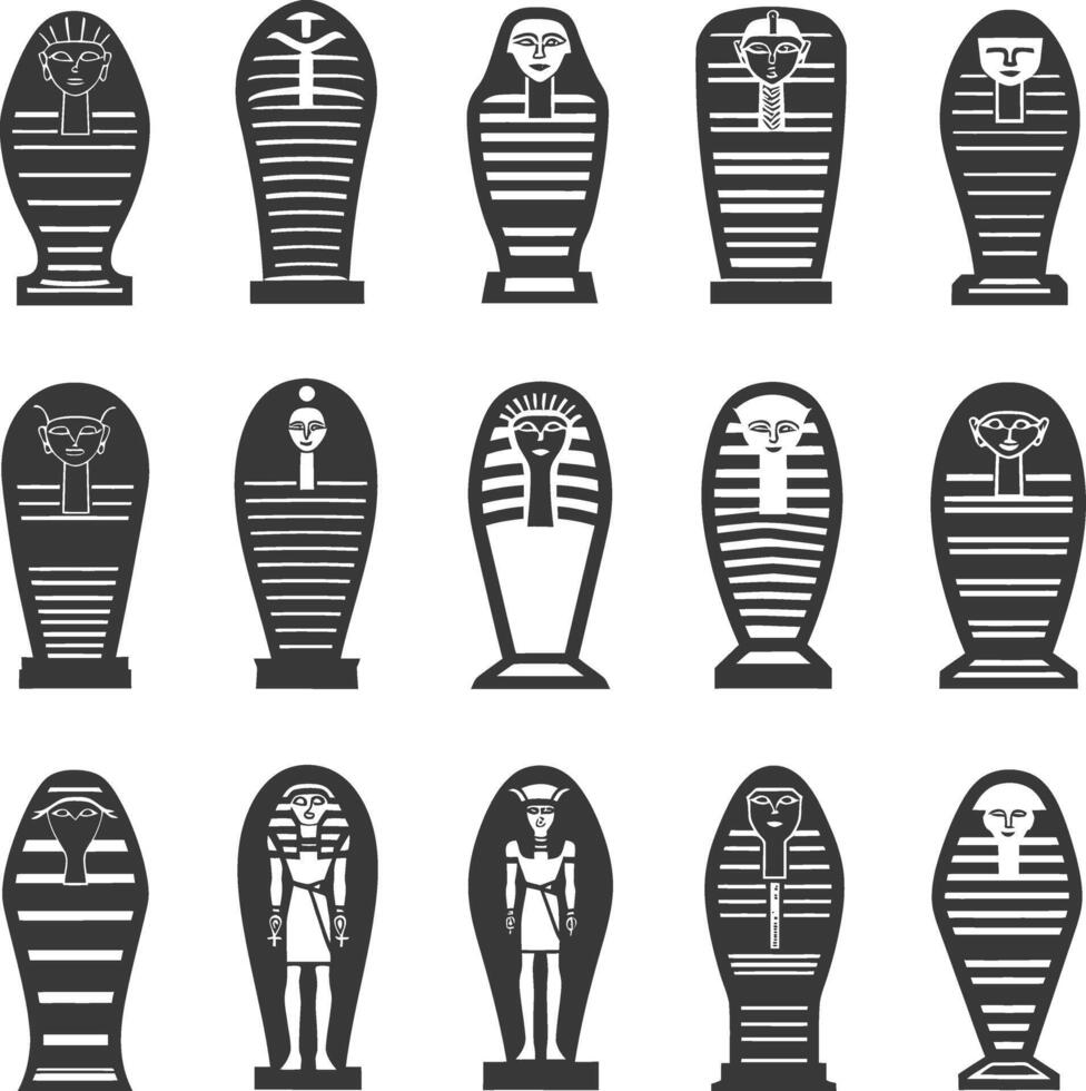 A Collection of Black and White Egyptian Sarcophagi and Statues vector