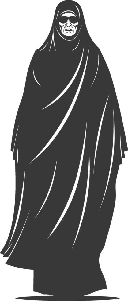 A woman in a black abaya and sunglasses standing in front of a white background vector
