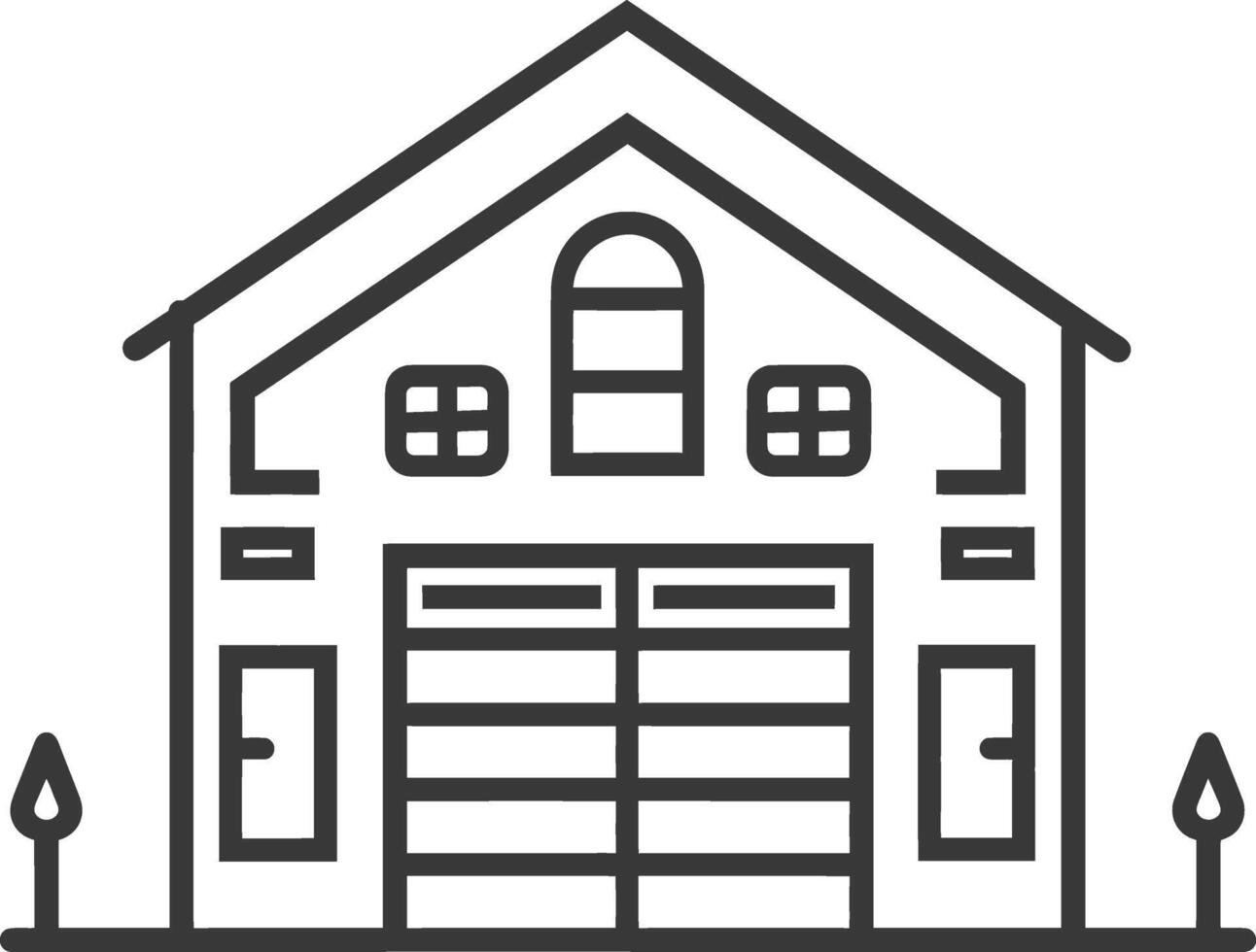 Black and White Line Drawing of a Building with a Garage Door vector