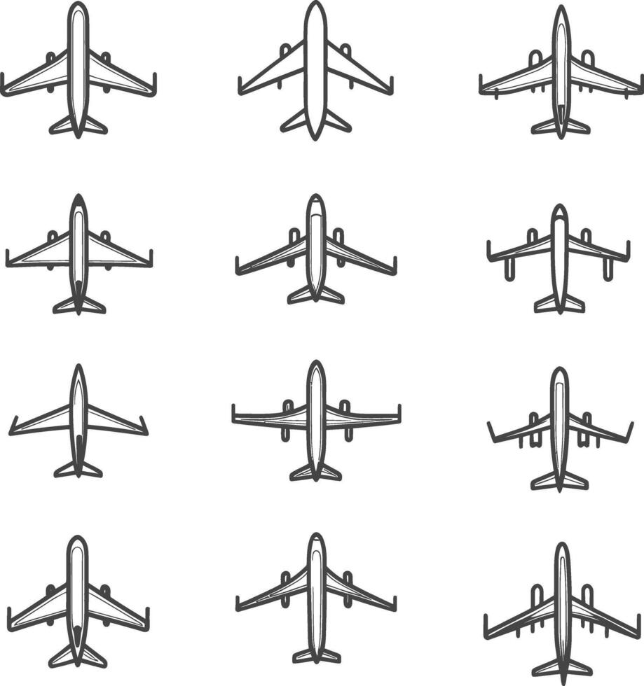 Set of twelve airplane icons in a simple line style vector