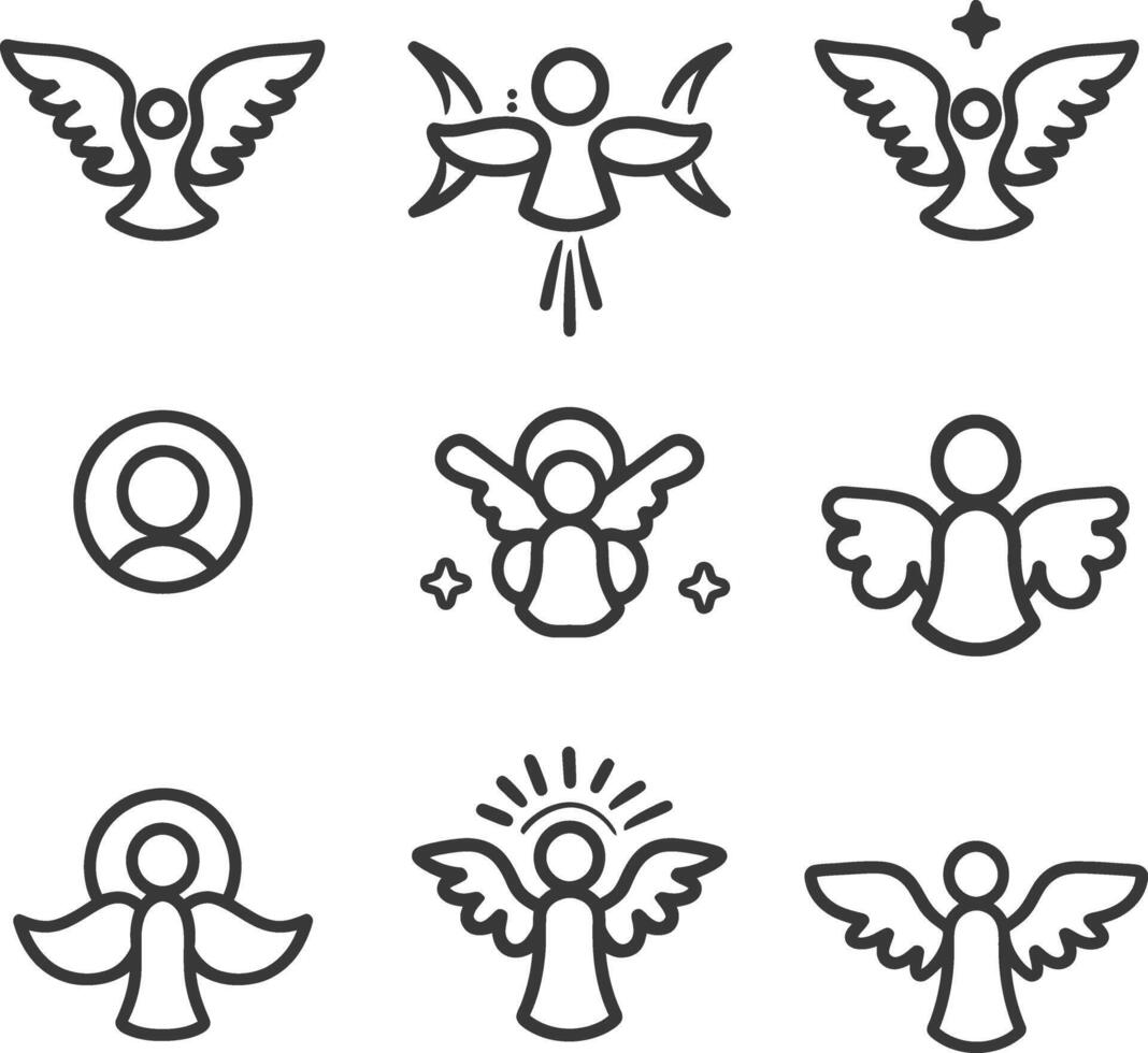 A Set of Nine Line Art Angel Icons vector