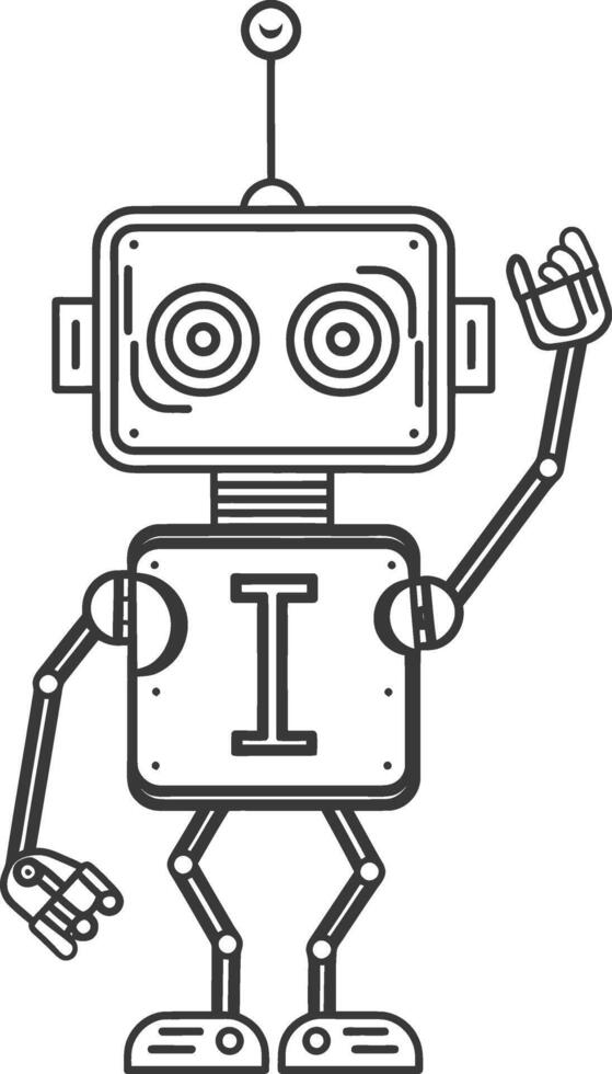 Line Drawing of a Cartoon Robot Waving with a I on its Chest vector