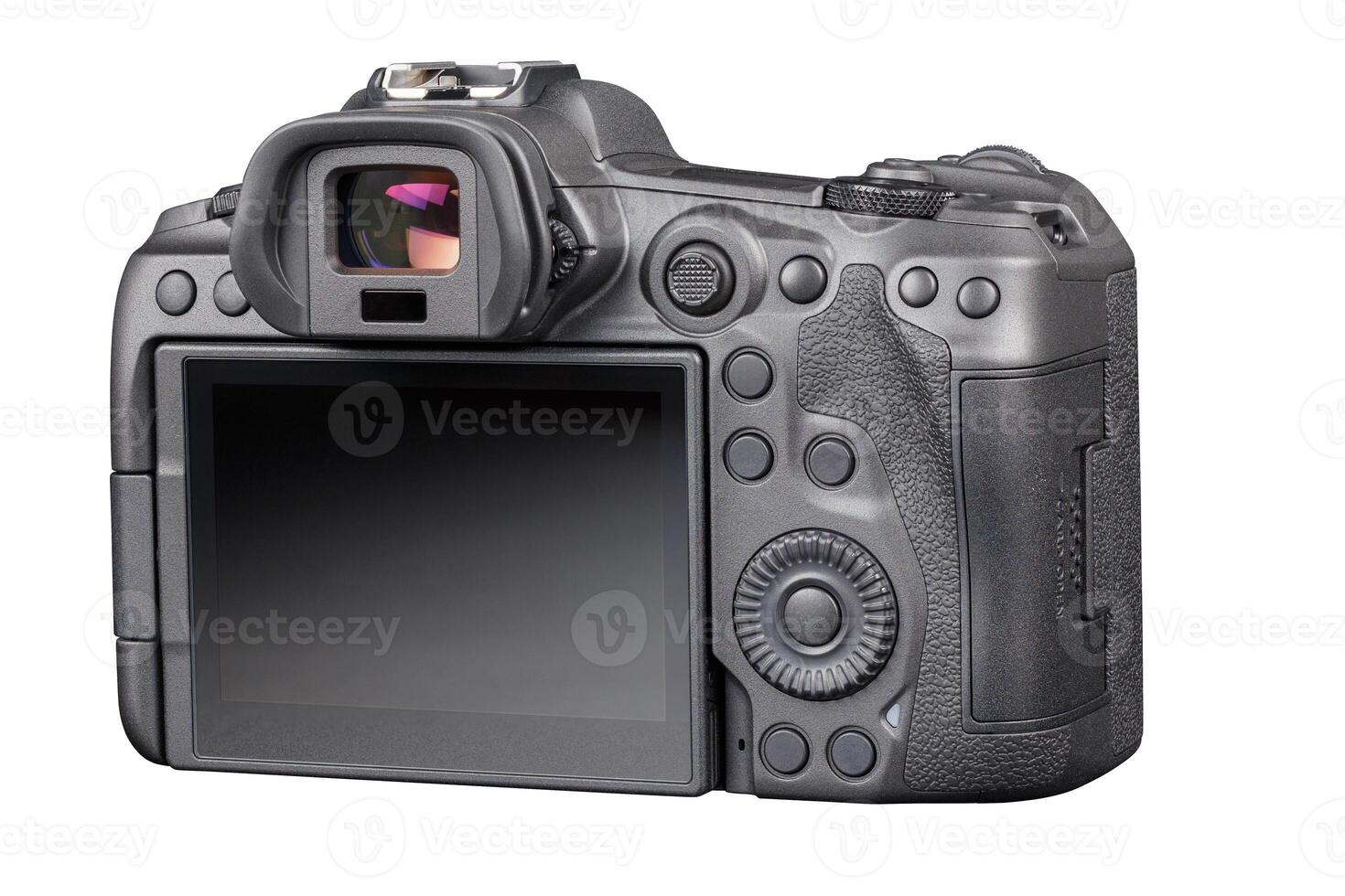 black professional mirrorless camera body isolated on white background photo