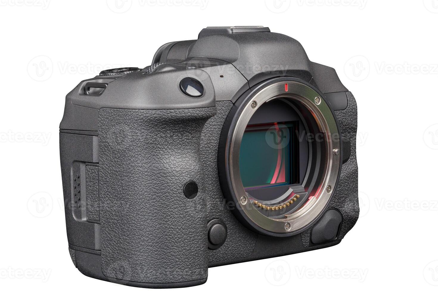 black professional mirrorless camera body isolated on white background photo