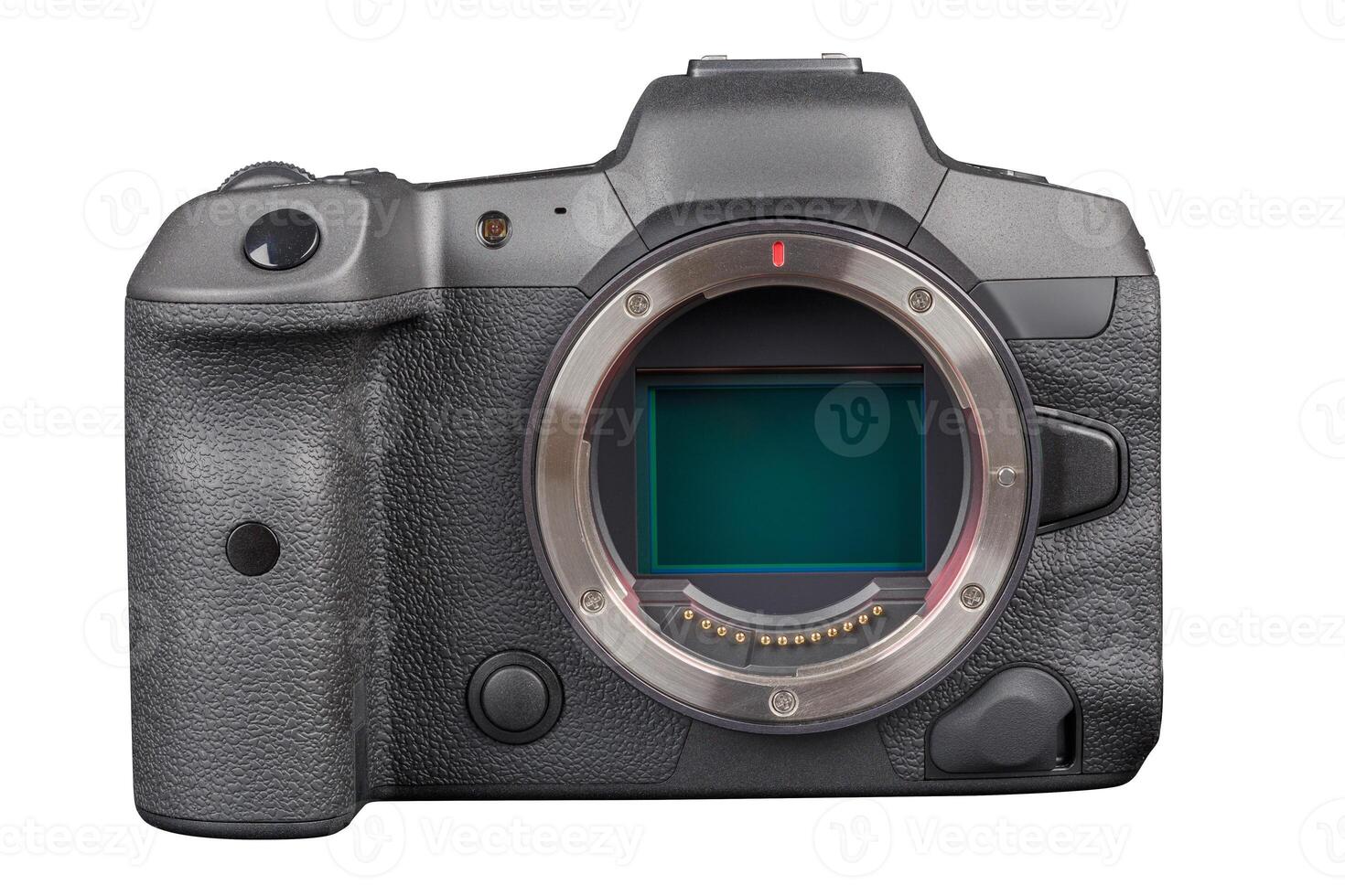 black professional mirrorless camera body isolated on white background photo