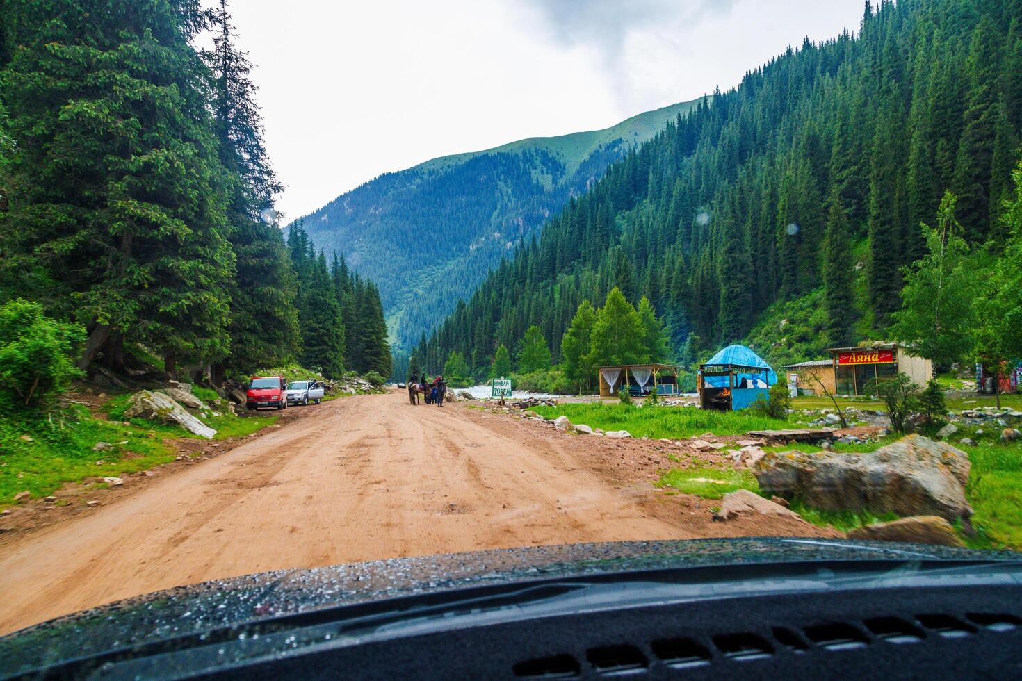 yurt camp and merchandise in spruce forest covered mountain slopes at rainy summer day photo