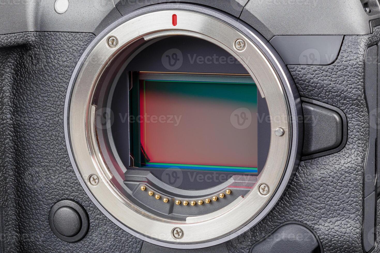 professional mirrorless camera body with exposed sensor full-frame closeup view photo