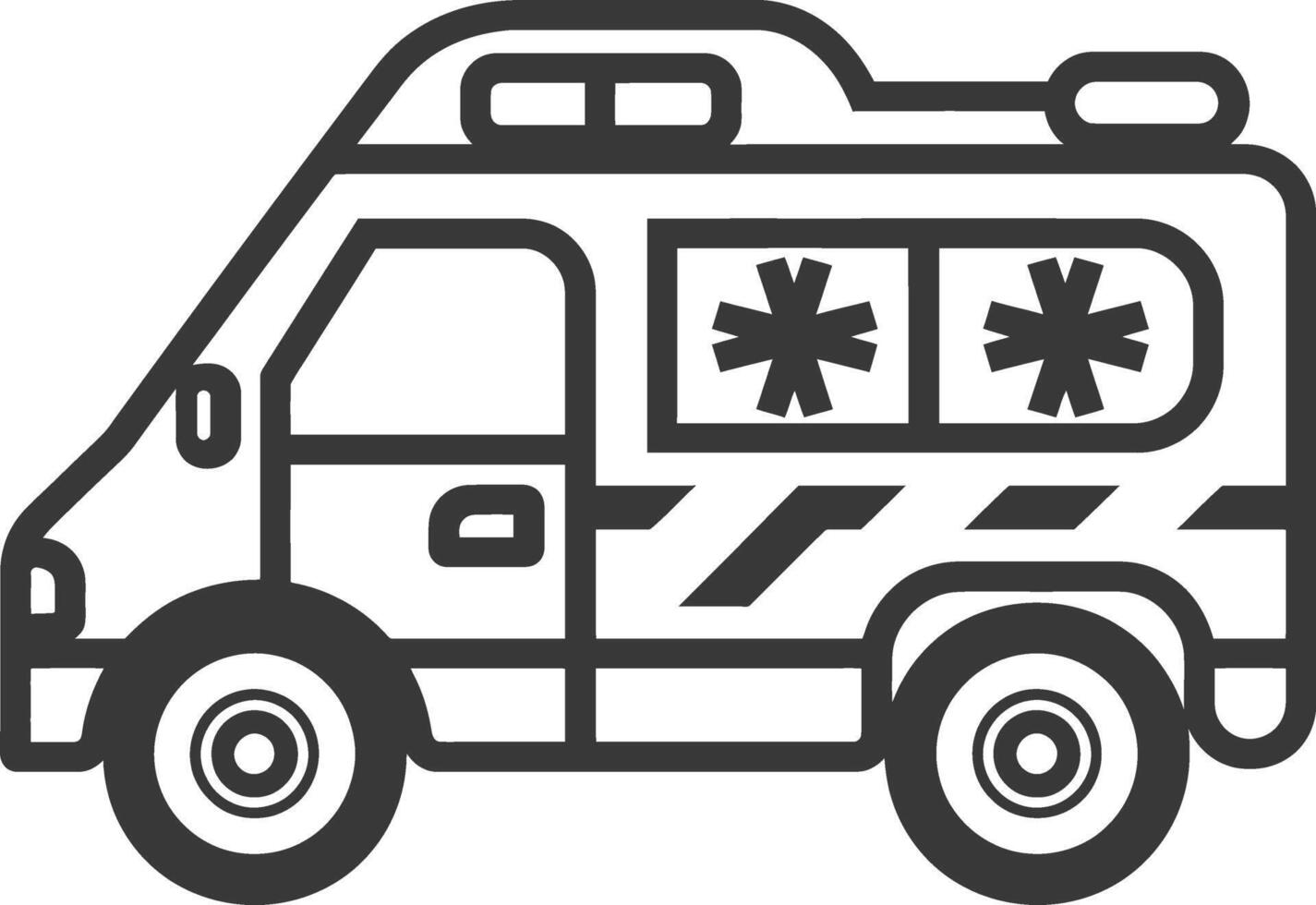 An ambulance is shown in black and white vector