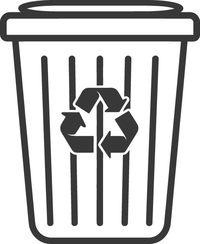 A black and white illustration of a trash can with a recycling symbol vector