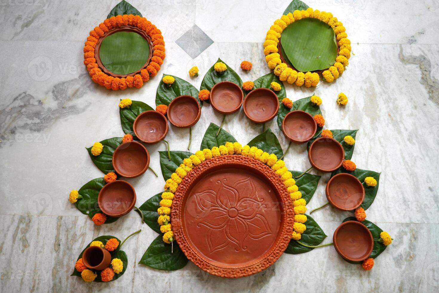 Empty earthenware is decorated with flowers in Bengali occasion photo
