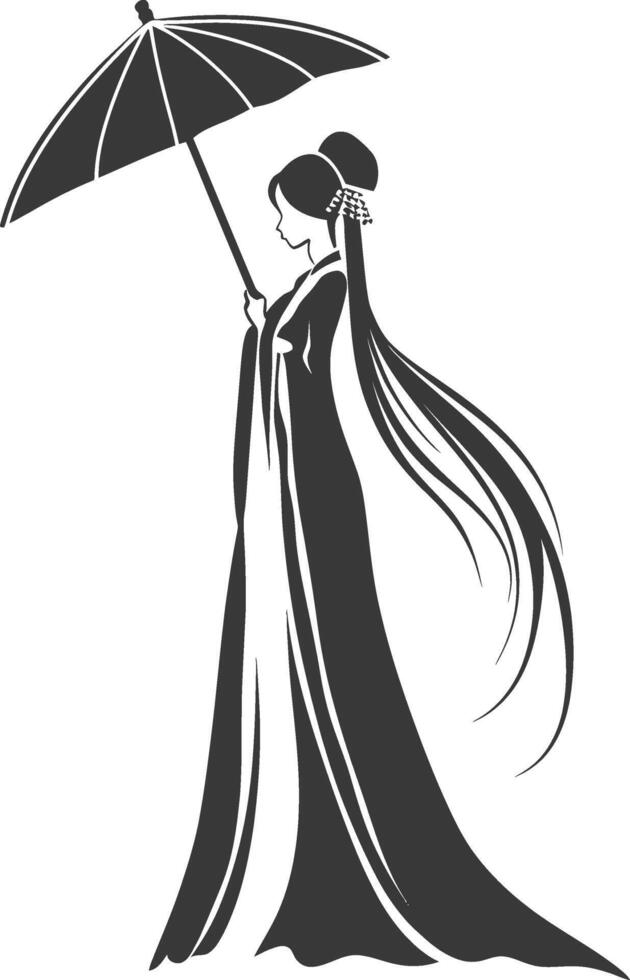 A black and white illustration of a woman holding an umbrella vector