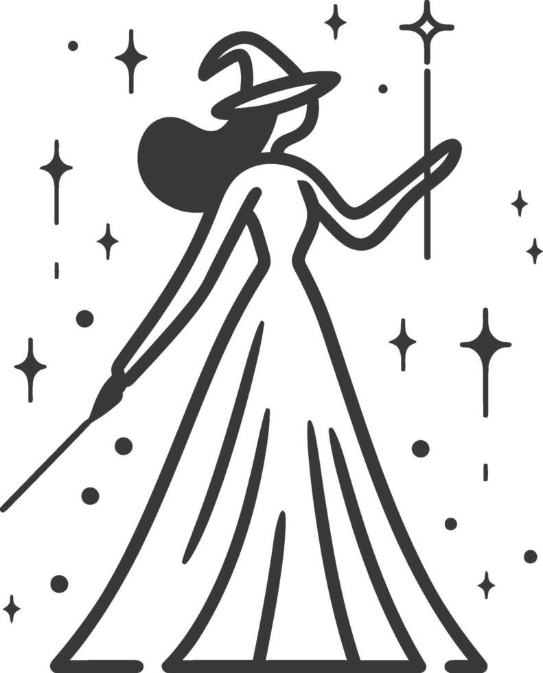 A black and white illustration of a witch holding a wand vector