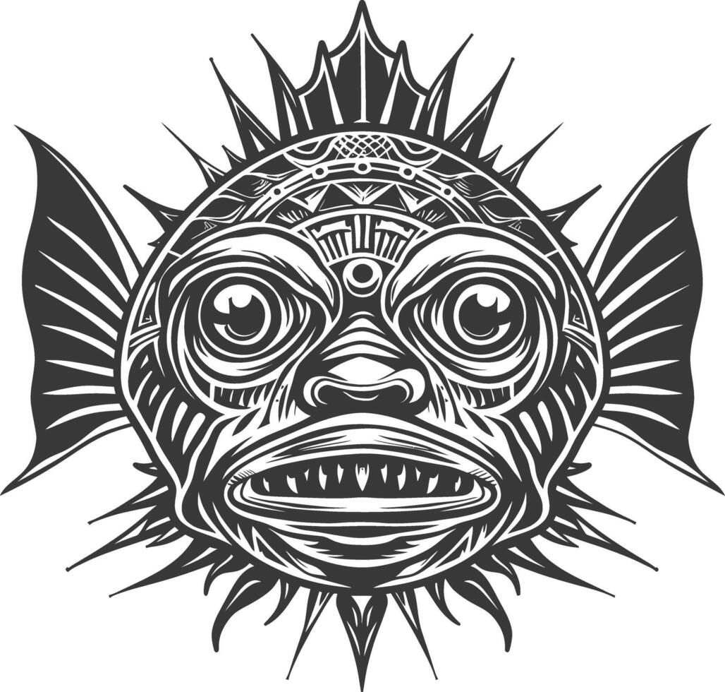 A fish head with tribal tattoos and spikes vector