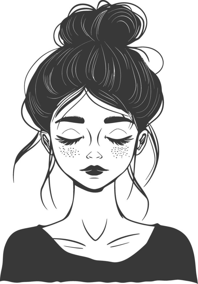 A black and white drawing of a girl with her eyes closed vector