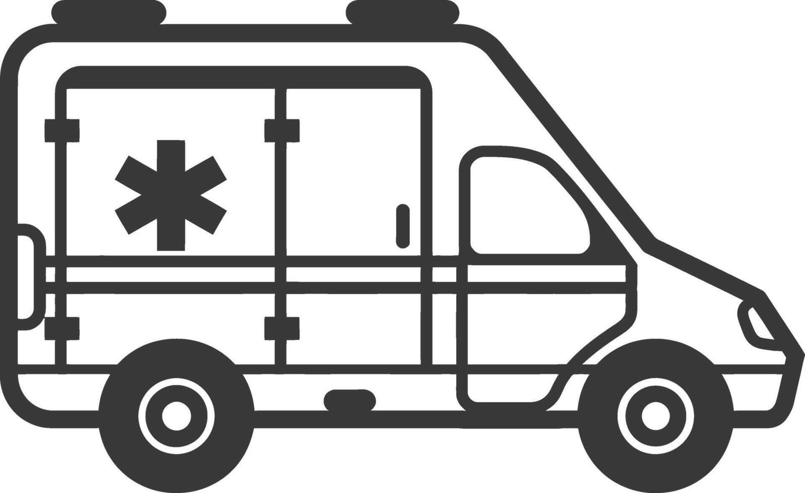 An ambulance is shown in black and white vector