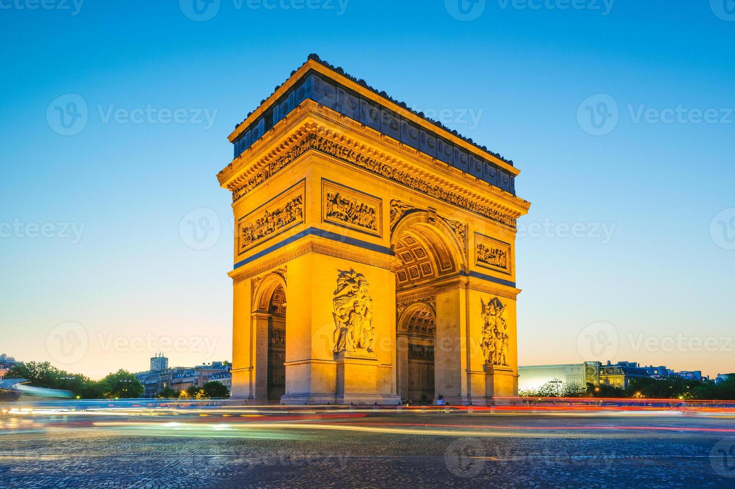 Night scene of Arc de Triomphe, the most famous monuments in Paris, France photo
