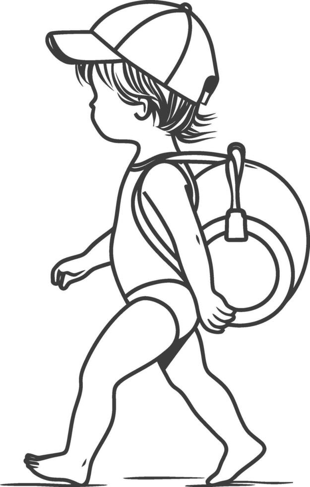 A little boy walking with a bag coloring page vector