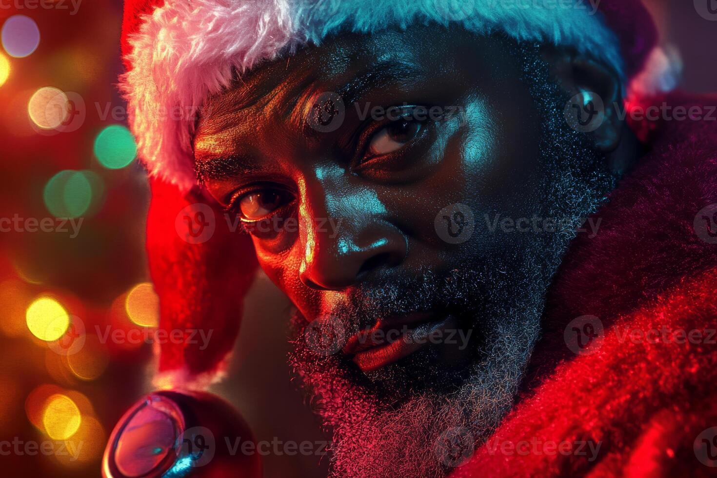 A close-up portrait of a man in a Santa costume against a colorful holiday backdrop during winter festivities photo