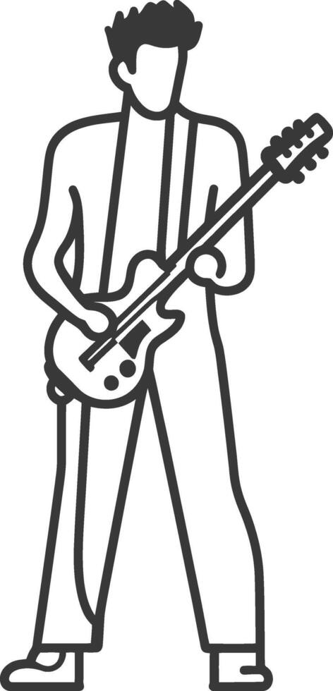 A black and white drawing of a man playing an electric guitar vector