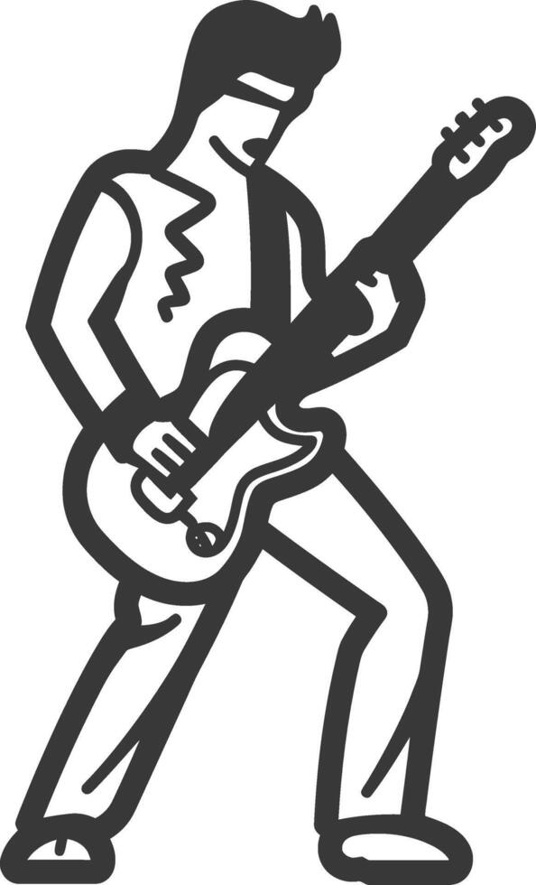 A black and white illustration of a man playing an electric guitar vector