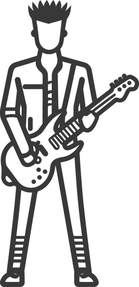 A black and white illustration of a man playing an electric guitar vector