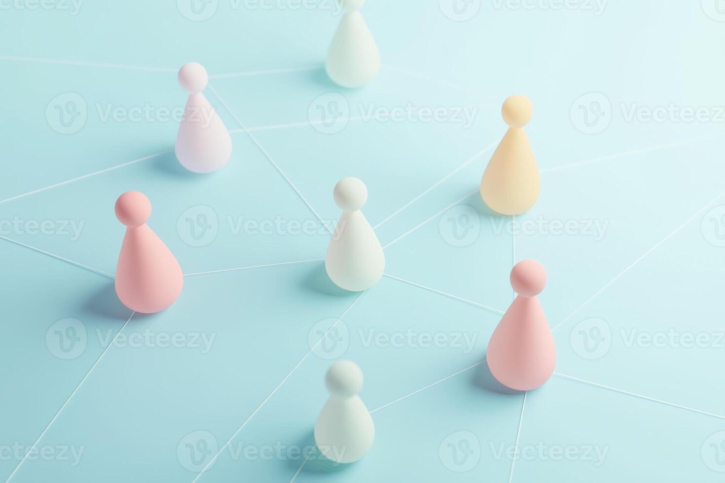 A network of pastel figurines symbolizing connection and collaboration on a soft blue background photo