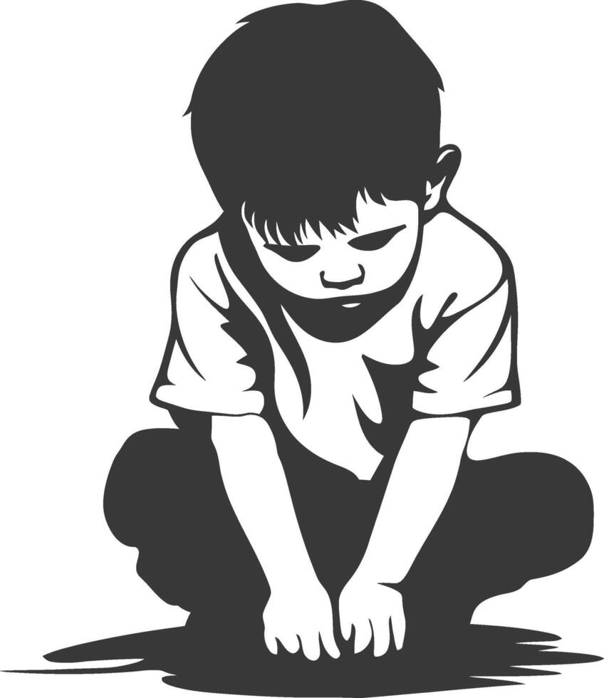 A black and white silhouette of a little boy kneeling down vector