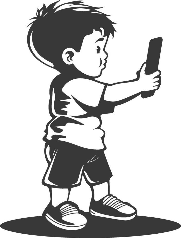 A black and white illustration of a boy taking a selfie vector