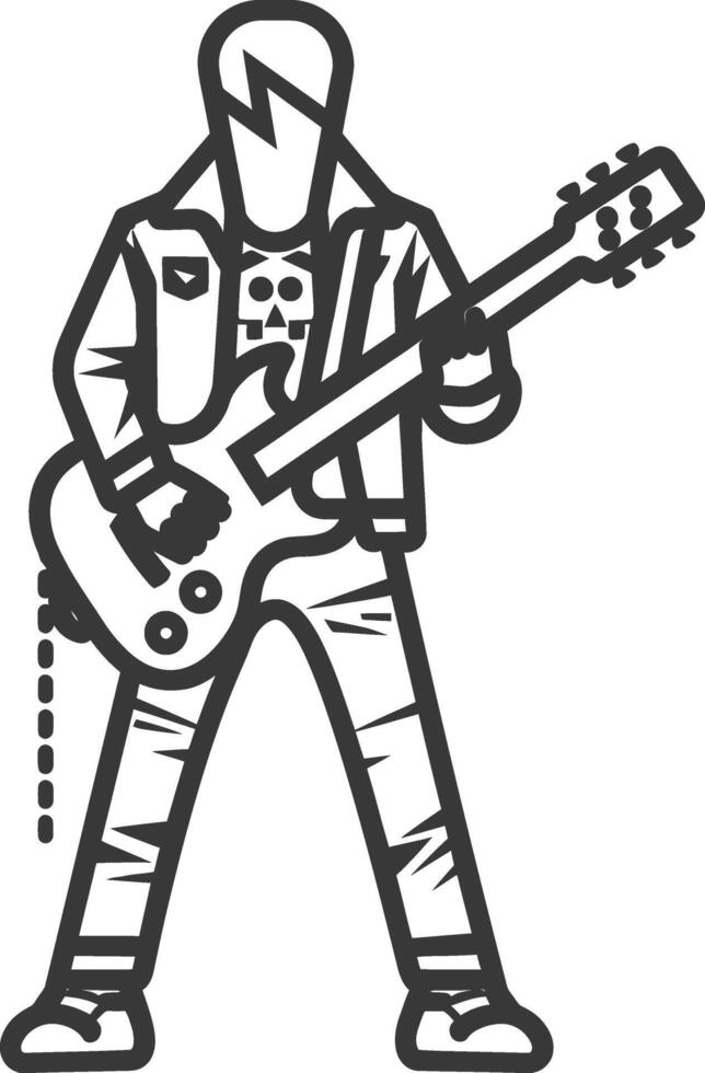 A black and white drawing of a man playing an electric guitar vector