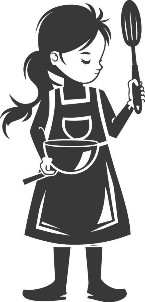 A black and white illustration of a woman in an apron holding a spatula and a bowl vector