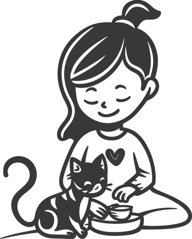 A black and white drawing of a girl with a cat vector
