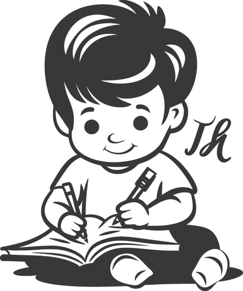 A boy is sitting and writing with a pen vector