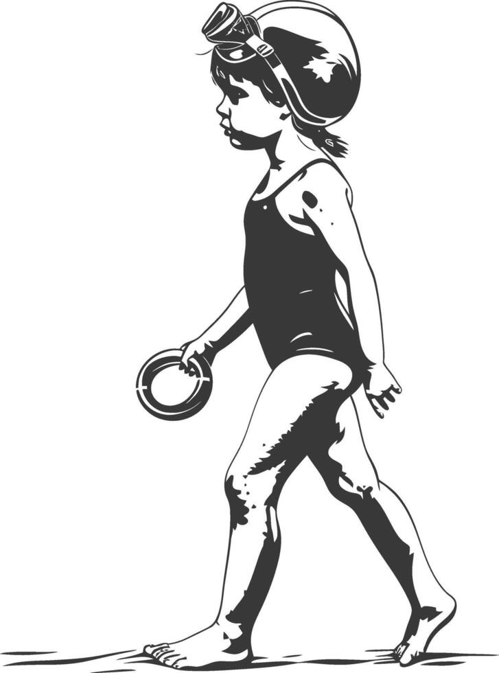 A black and white drawing of a little girl in a swimsuit vector