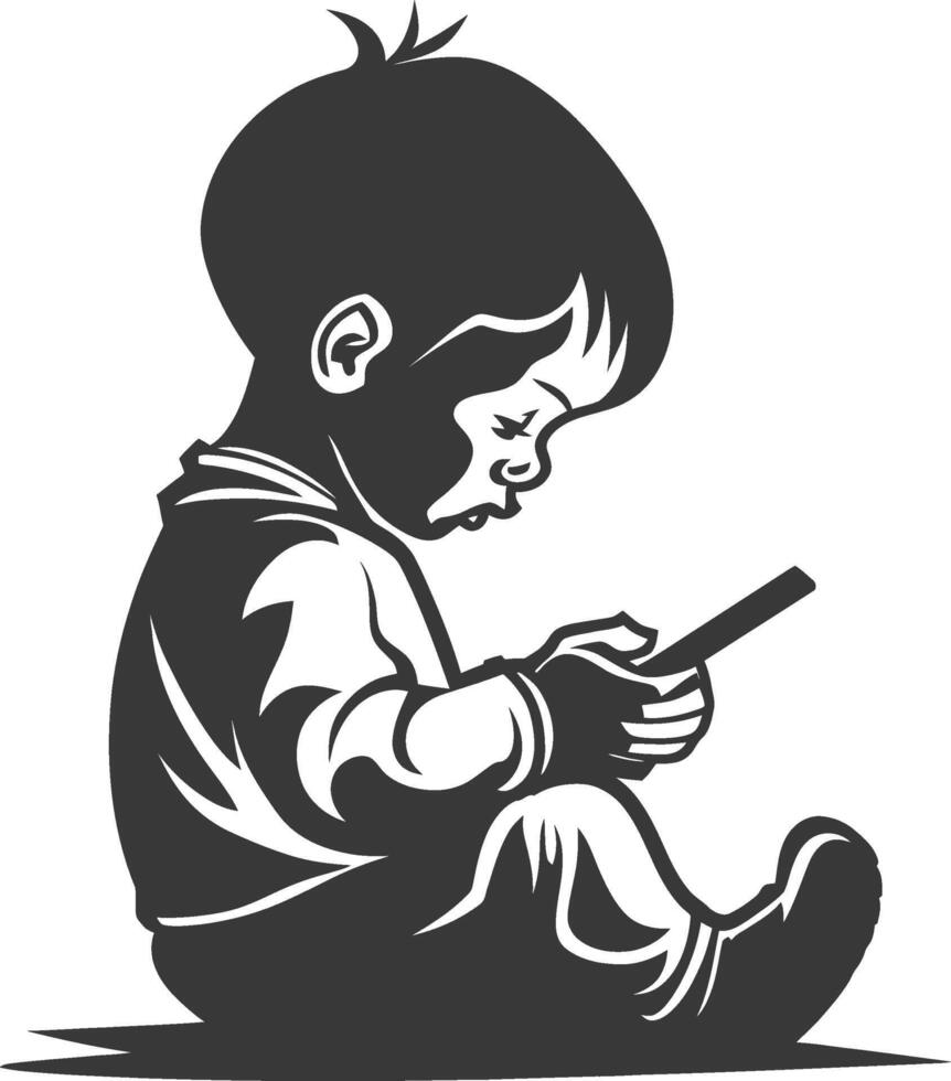 A black and white silhouette of a child sitting on the floor with a cell phone vector