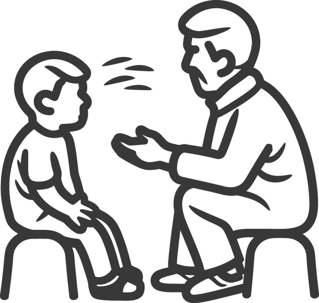 A black and white drawing of a man talking to a child vector
