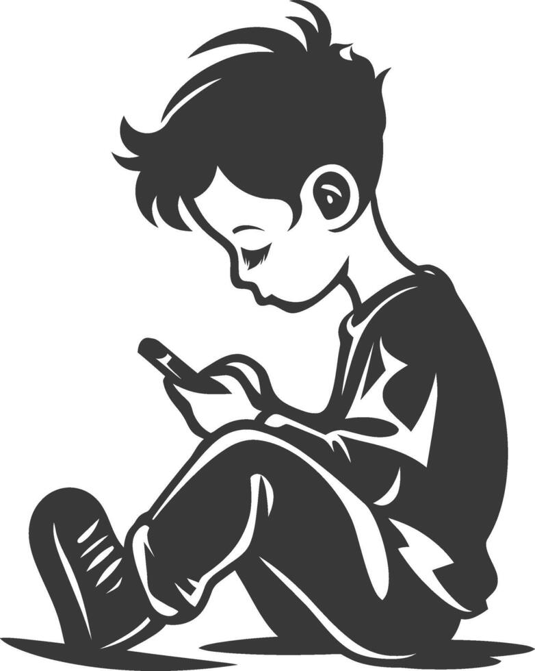 A black and white silhouette of a boy sitting on the floor with his phone vector
