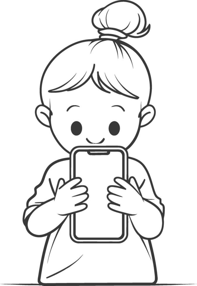 A girl holding a phone in her hand coloring page vector