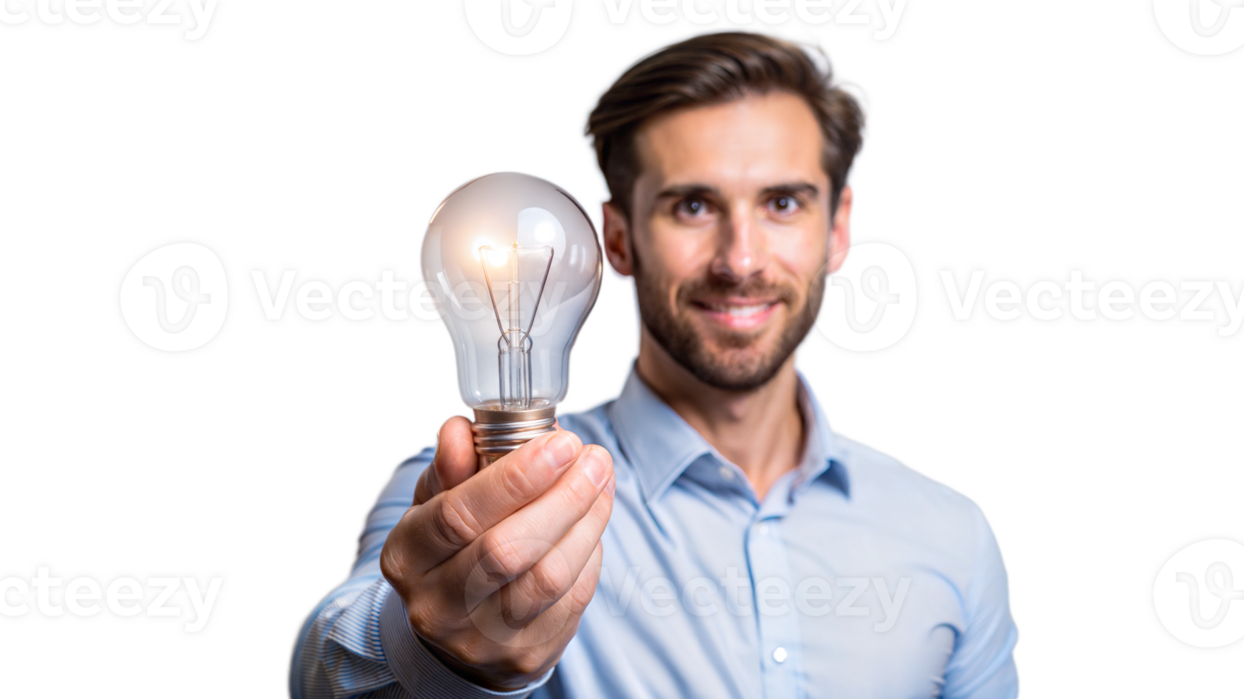 Man holding a light bulb and smiling png