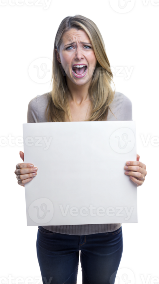 Woman holding a blank sign, preparing to deliver a message png
