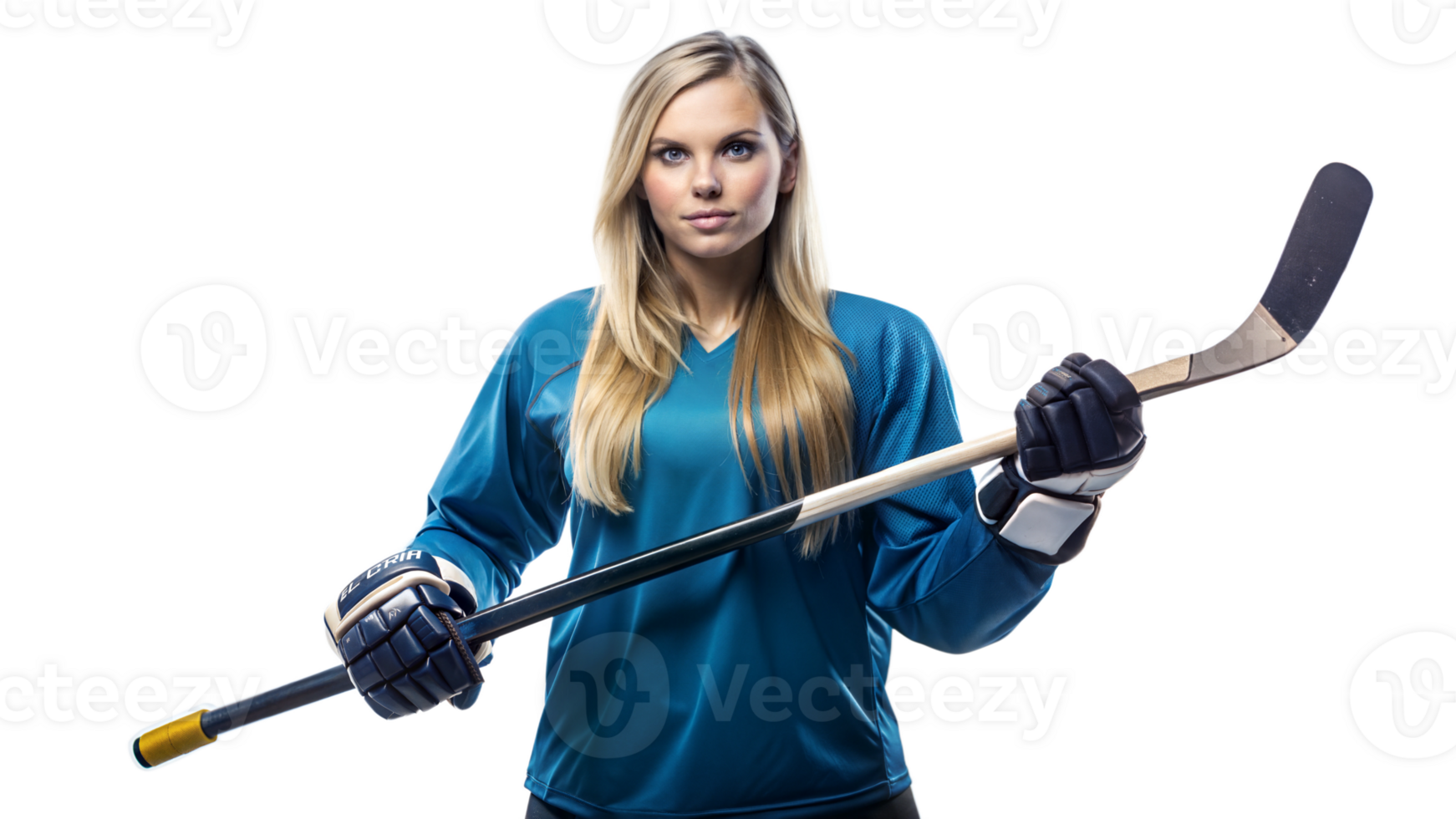Female hockey player holding a stick, prepared for action png