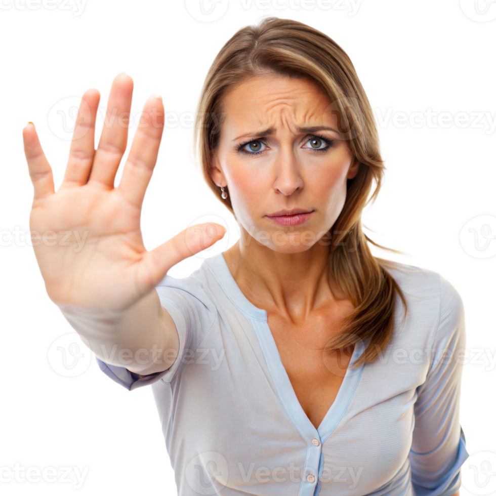 Serious woman making a stop gesture with her hand png